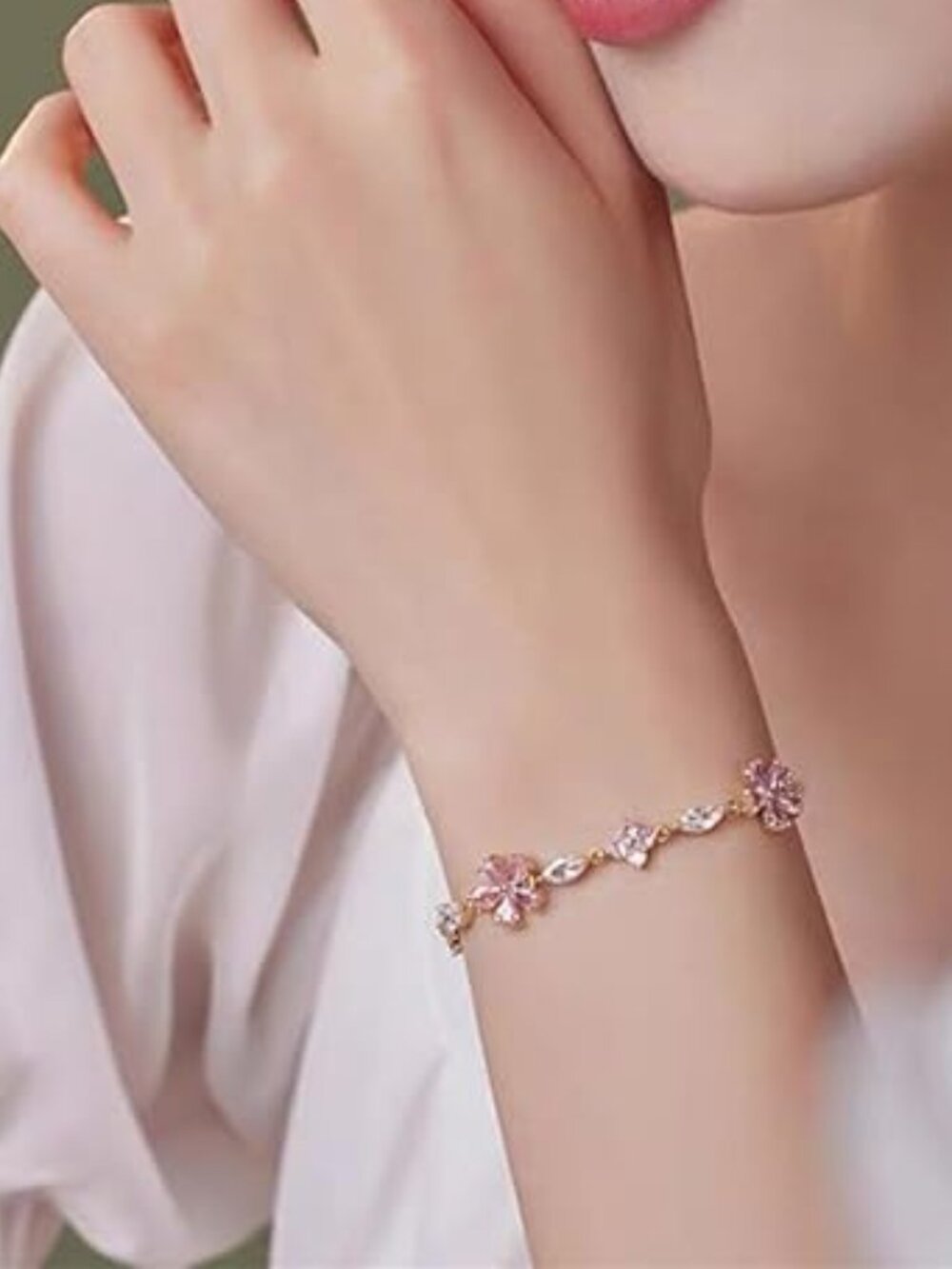 Neiman Marcus CZ Pink Crystal Cherry Blossom Chain Link Bracelet